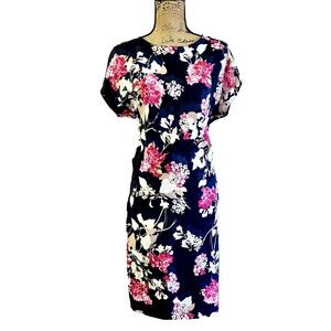 VDP CLUB Womens Navy Blue Floral Short Sleeve Knee Length Party Dress SZ 44/US 8